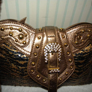 Schandra Brown Black and Gold Zebra Print Handbag